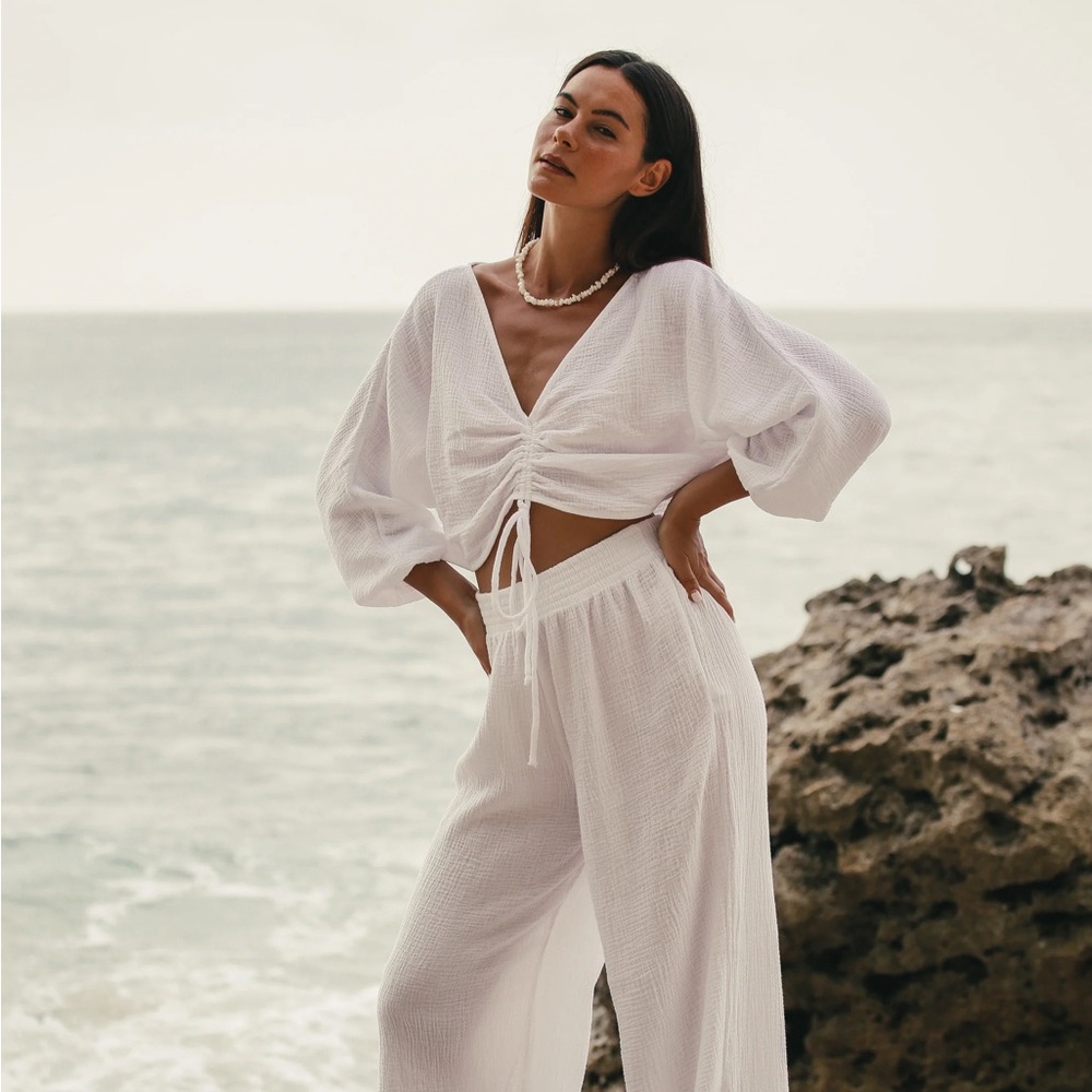 Gaia Drawstring Crop Top - White - One Size